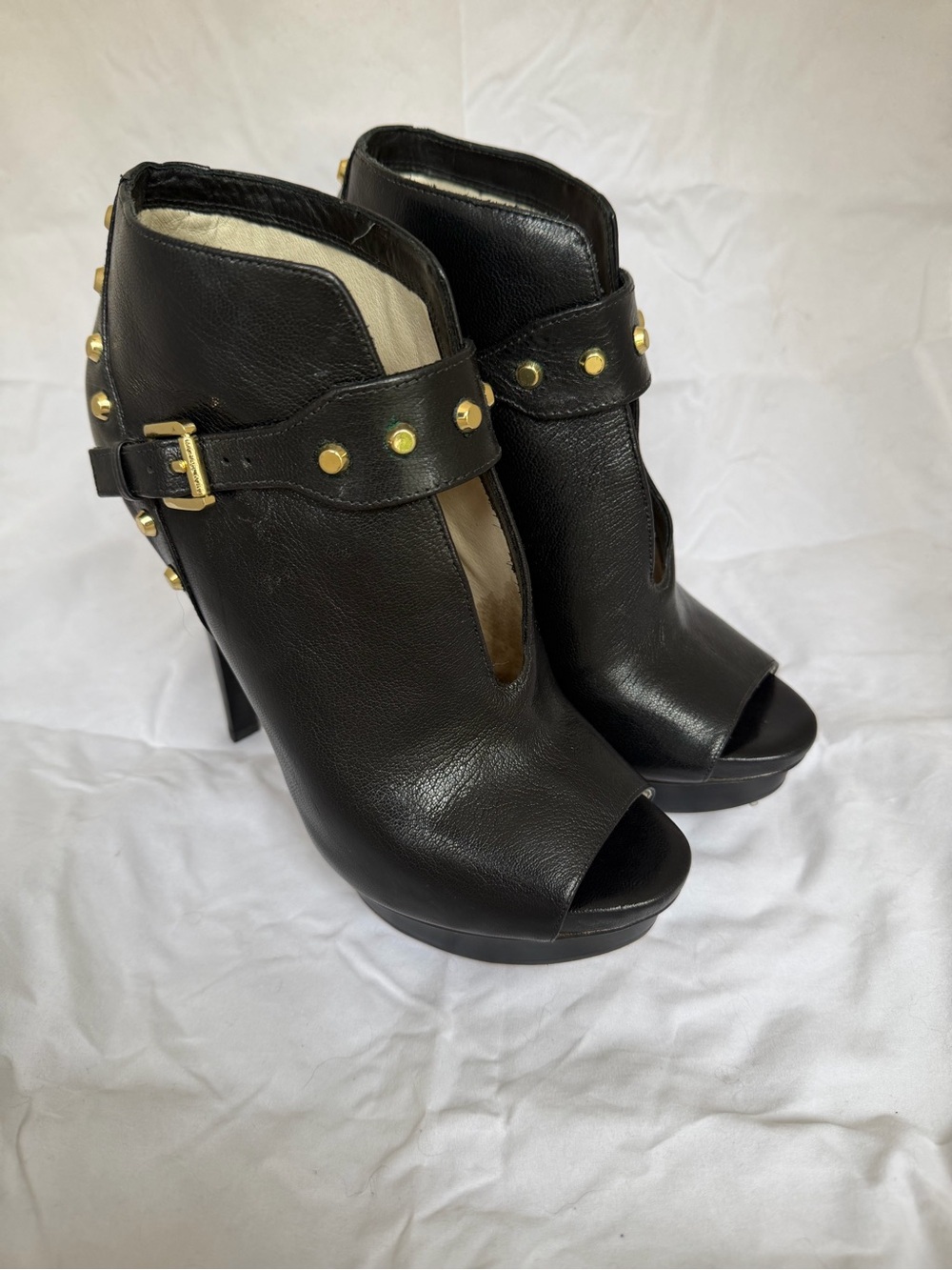 Women's Black Open-Toe Studded High-Heel Booties